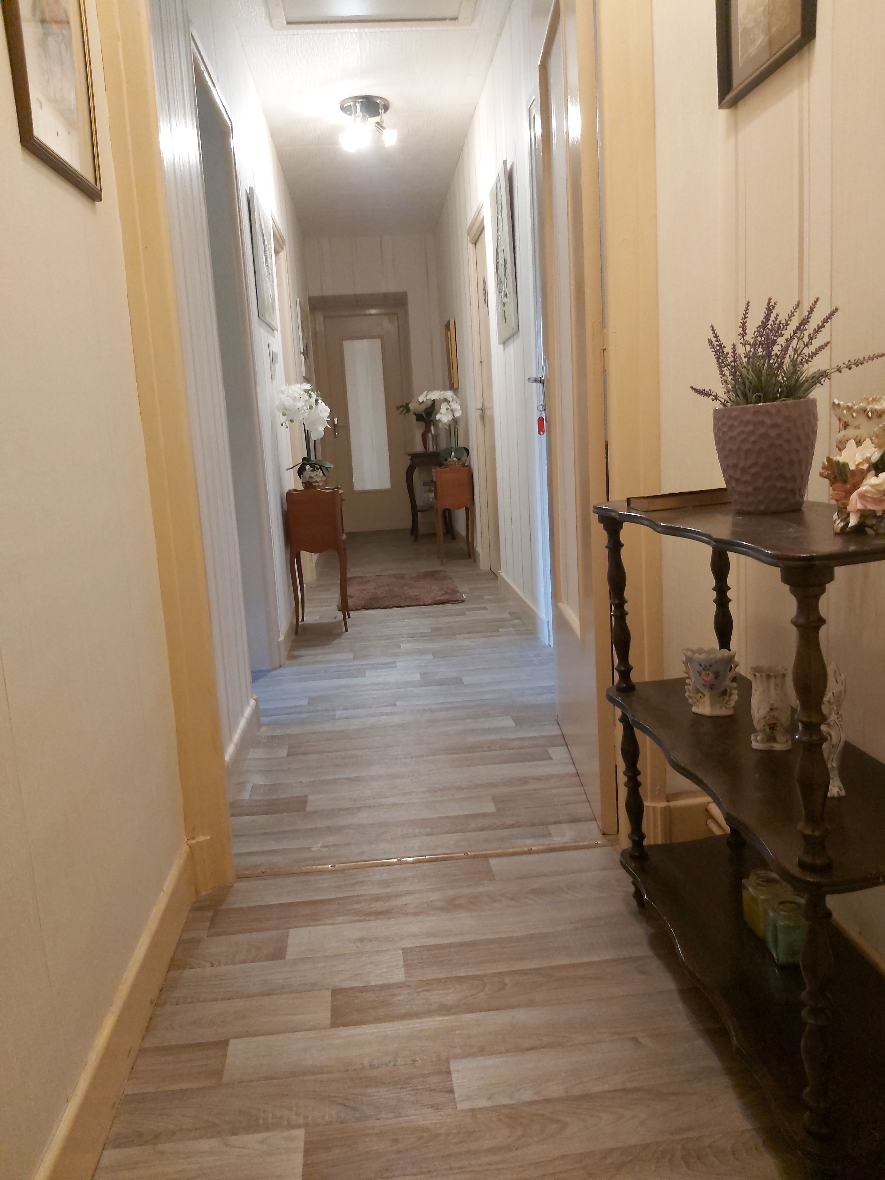 Un couloir doté d’un plancher en bois, une console en bois foncé agrémentée d’objets décoratifs et, à droite, une plante en pot.
