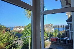 A view through a window of a residential area with houses, a road, and a body of water in the background.
