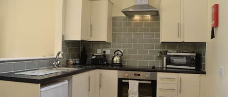 Fridge, microwave, oven, toaster