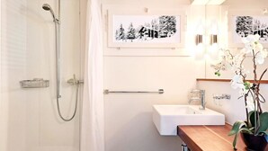 A bathroom with a shower, a sink, and a mirror. There are framed pictures on the wall and a potted orchid on the counter. - Chalet Willi-Parterre Appartement/Fewo, Dusche, WC, 2-Bettwohnung by Interhome (Arosa)
