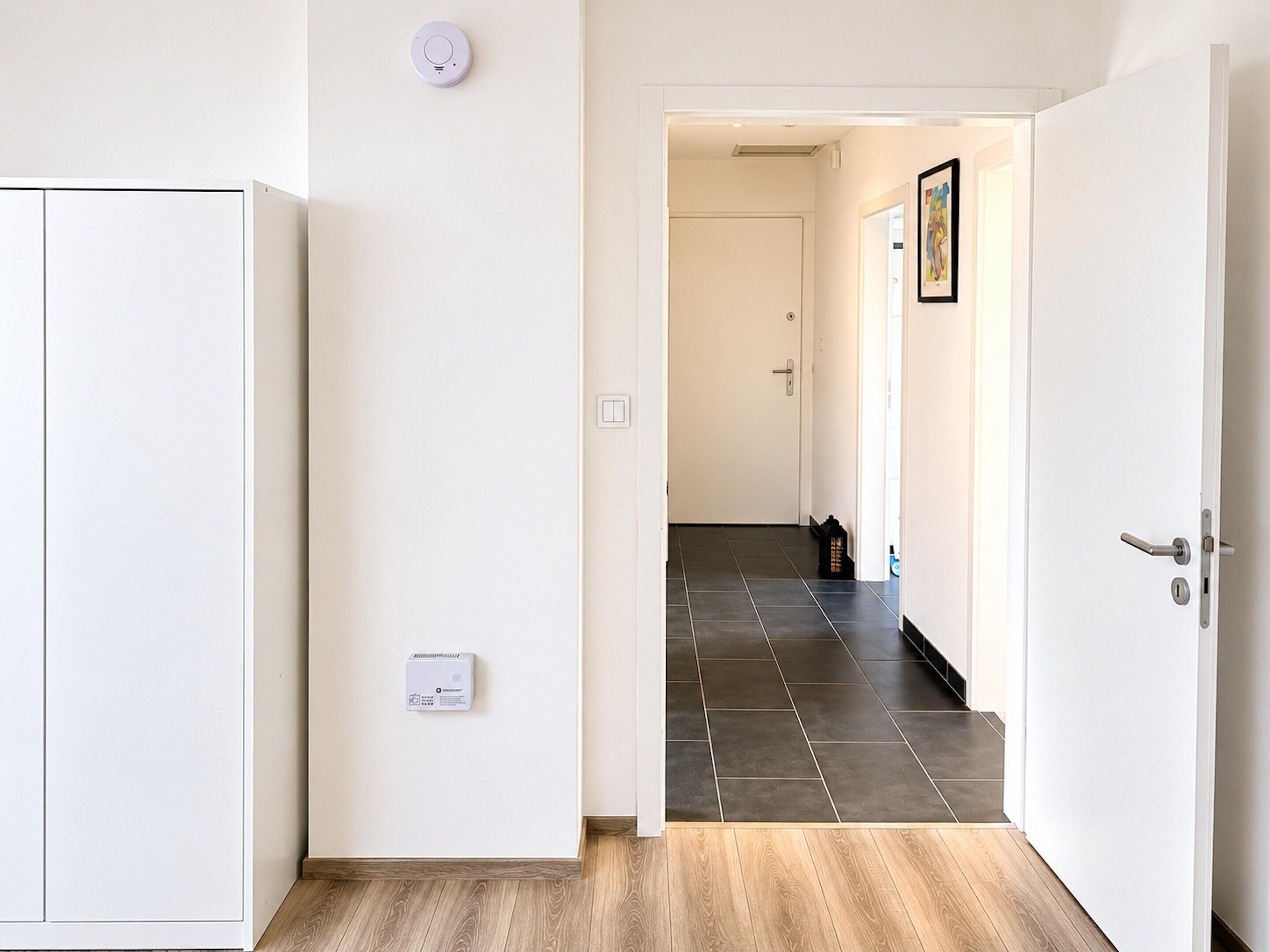 A hallway with a white wardrobe, a door with a handle, a light switch, and a thermostat on the wall.