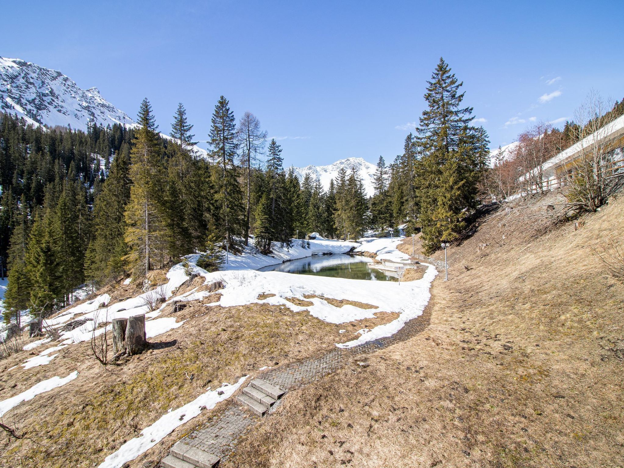 Un paisaje montañoso con un estanque cubierto de nieve, árboles y un cielo despejado.