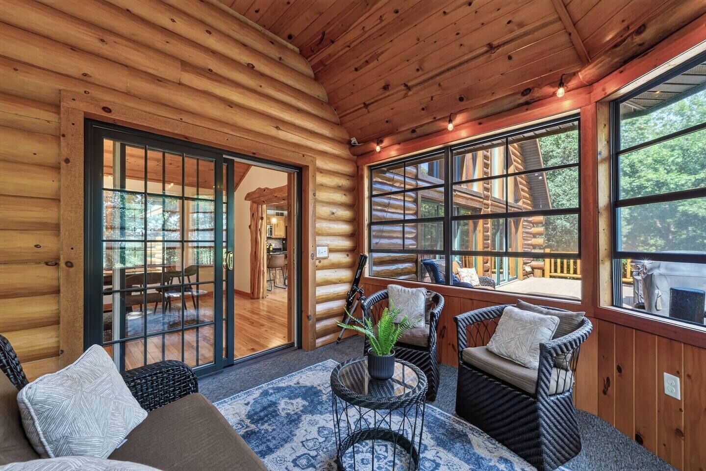 TV, fireplace, books