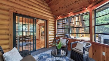 TV, fireplace, books