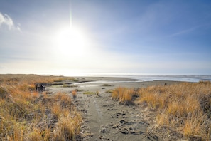 Ein Strandweg mit trockenem Gras und Sand, der zum Meer führt.