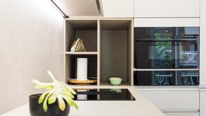 Een moderne keuken met inbouwapparatuur, een aanrecht en uitzicht op de omgeving.