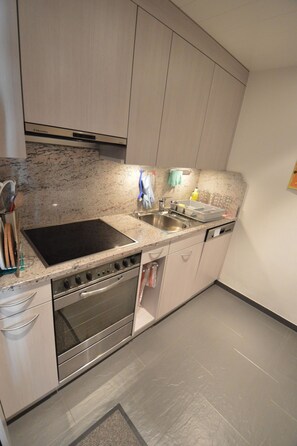 Cozinha moderna com bancada de granito, eletrodomésticos de aço inoxidável e lava-louças embutida.