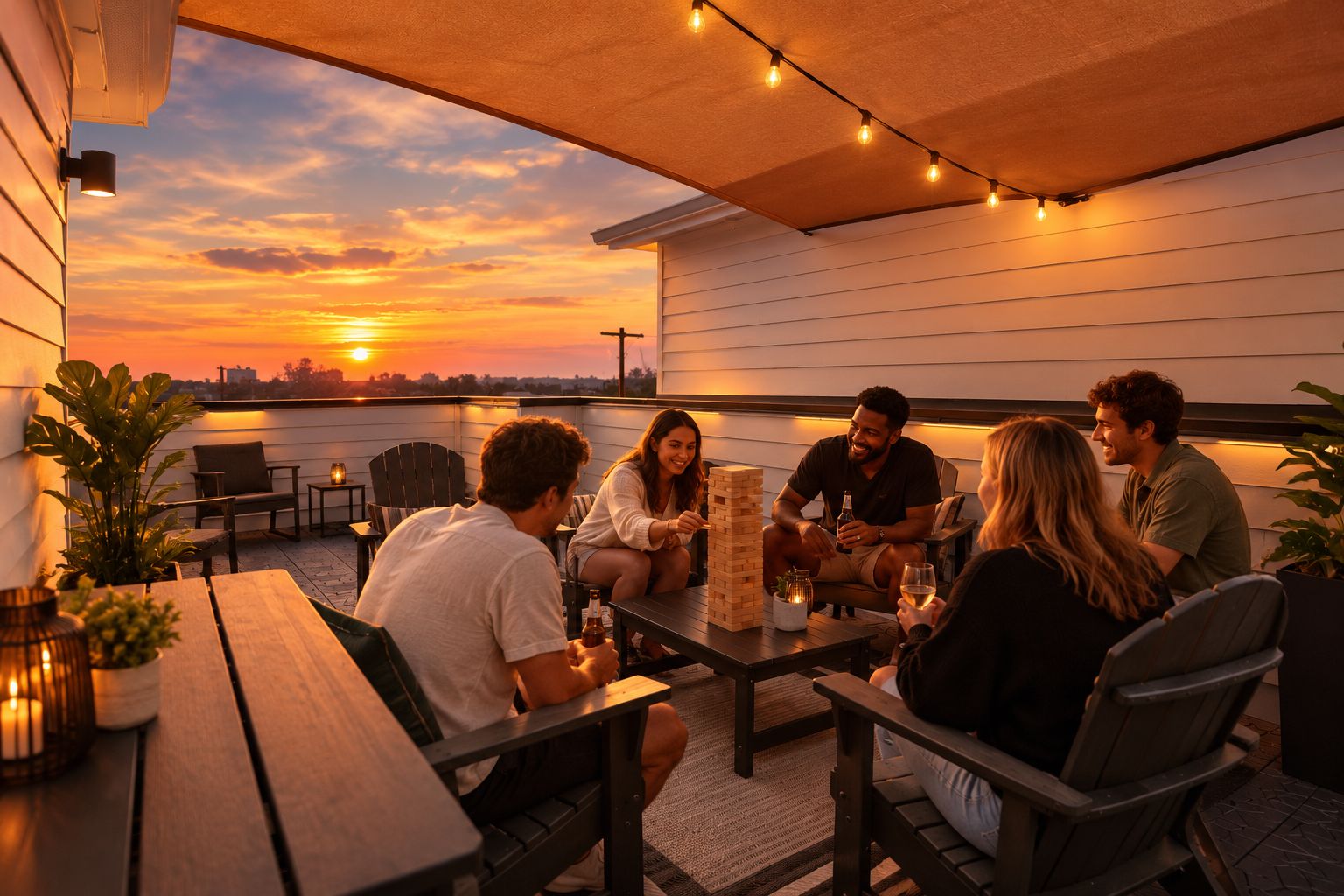 Un grupo de personas sentadas alrededor de una mesa en un patio al aire libre, con vista al atardecer.