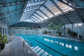 Ein Hallenbad mit Glasdach, Liegestühlen und Blumentöpfen.