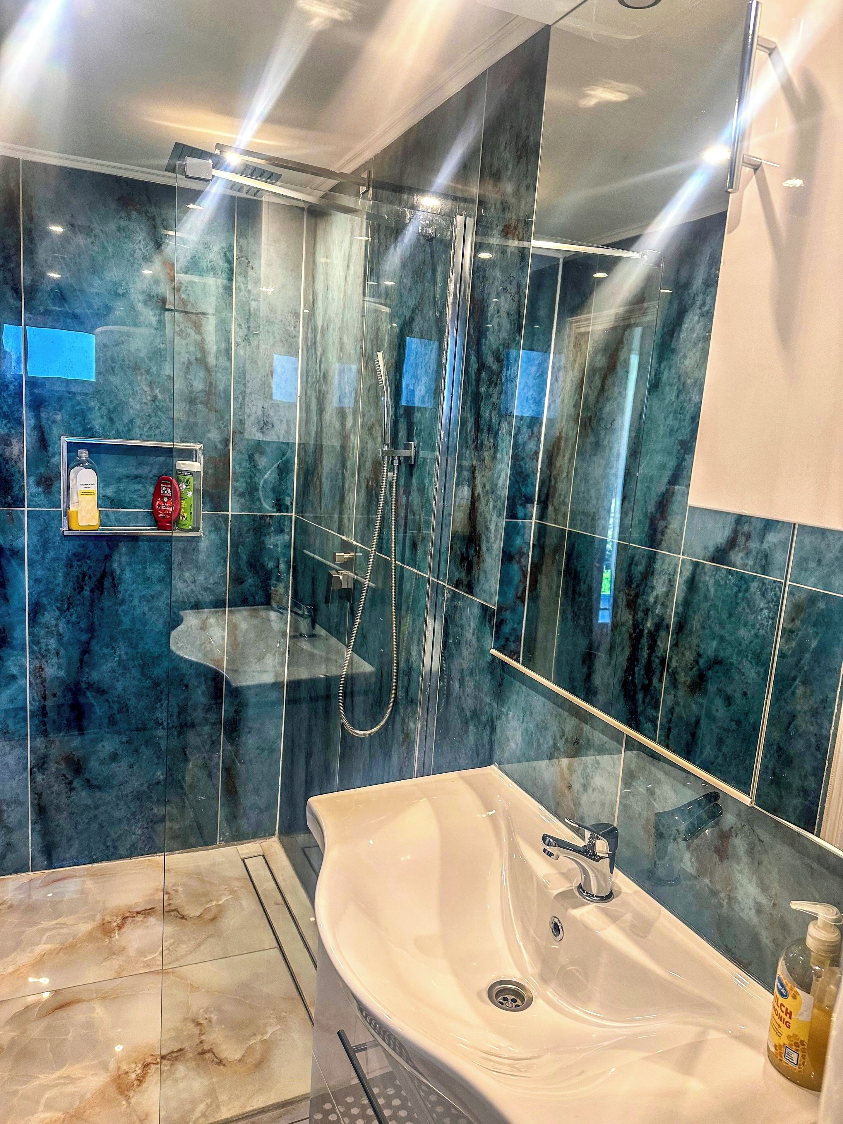 Shower, hair dryer, towels, soap