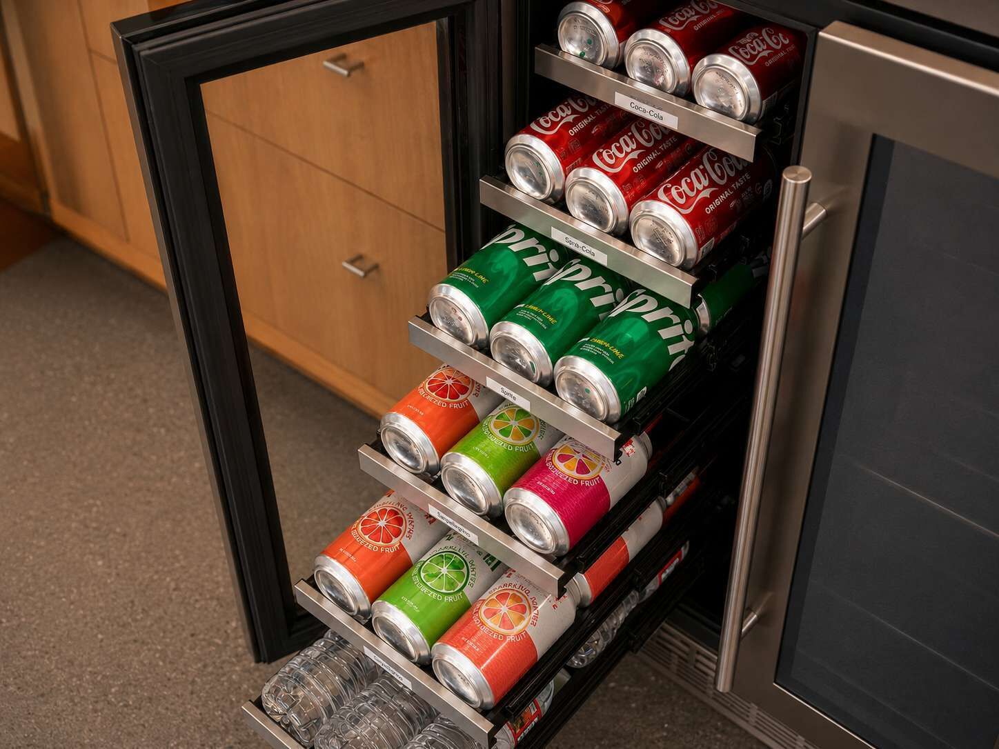 A beverage cooler with multiple shelves stocked with cans of Coca-Cola and Sprite.