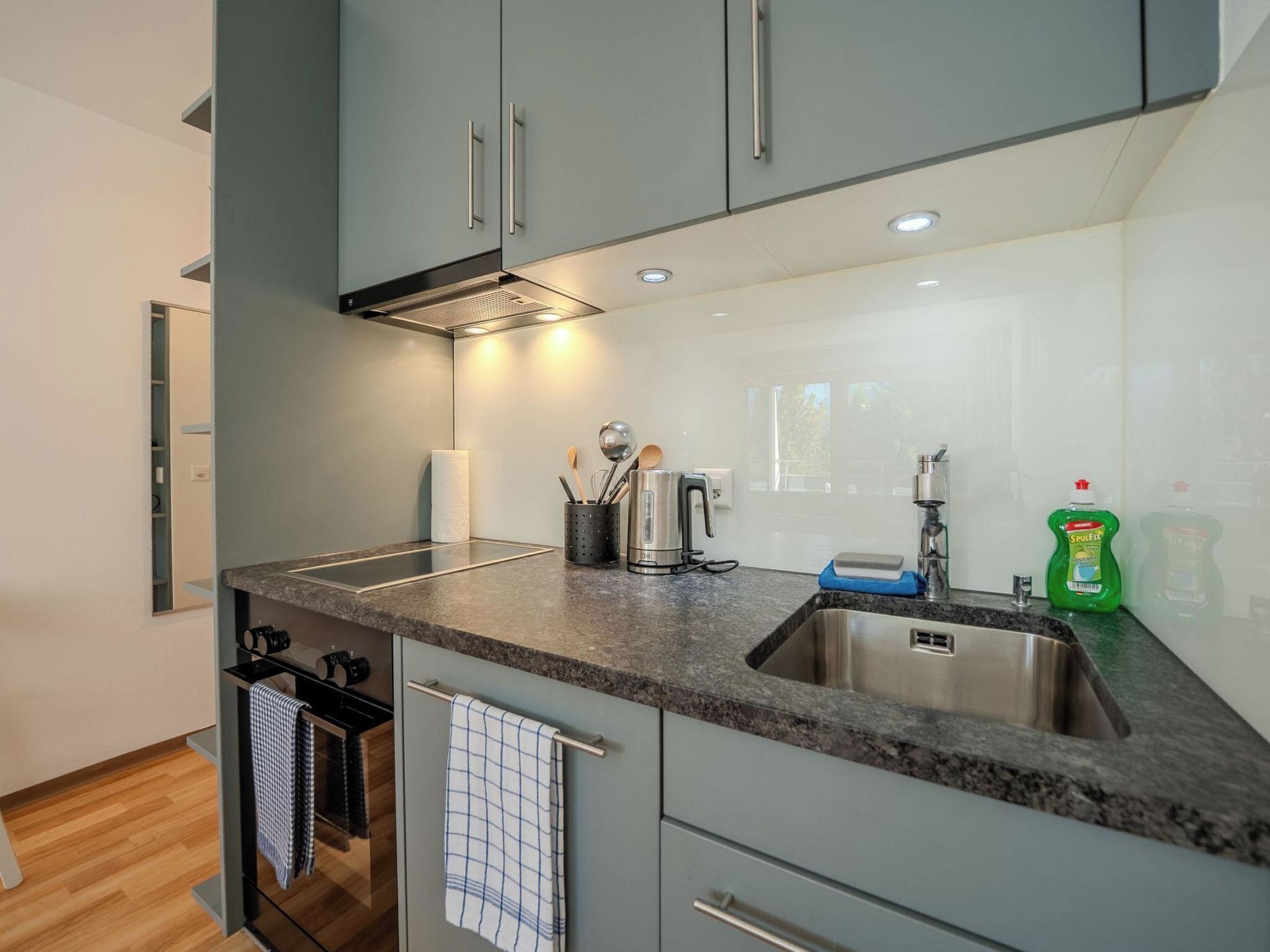 Fridge, oven, dishwasher, cookware/dishes/utensils
