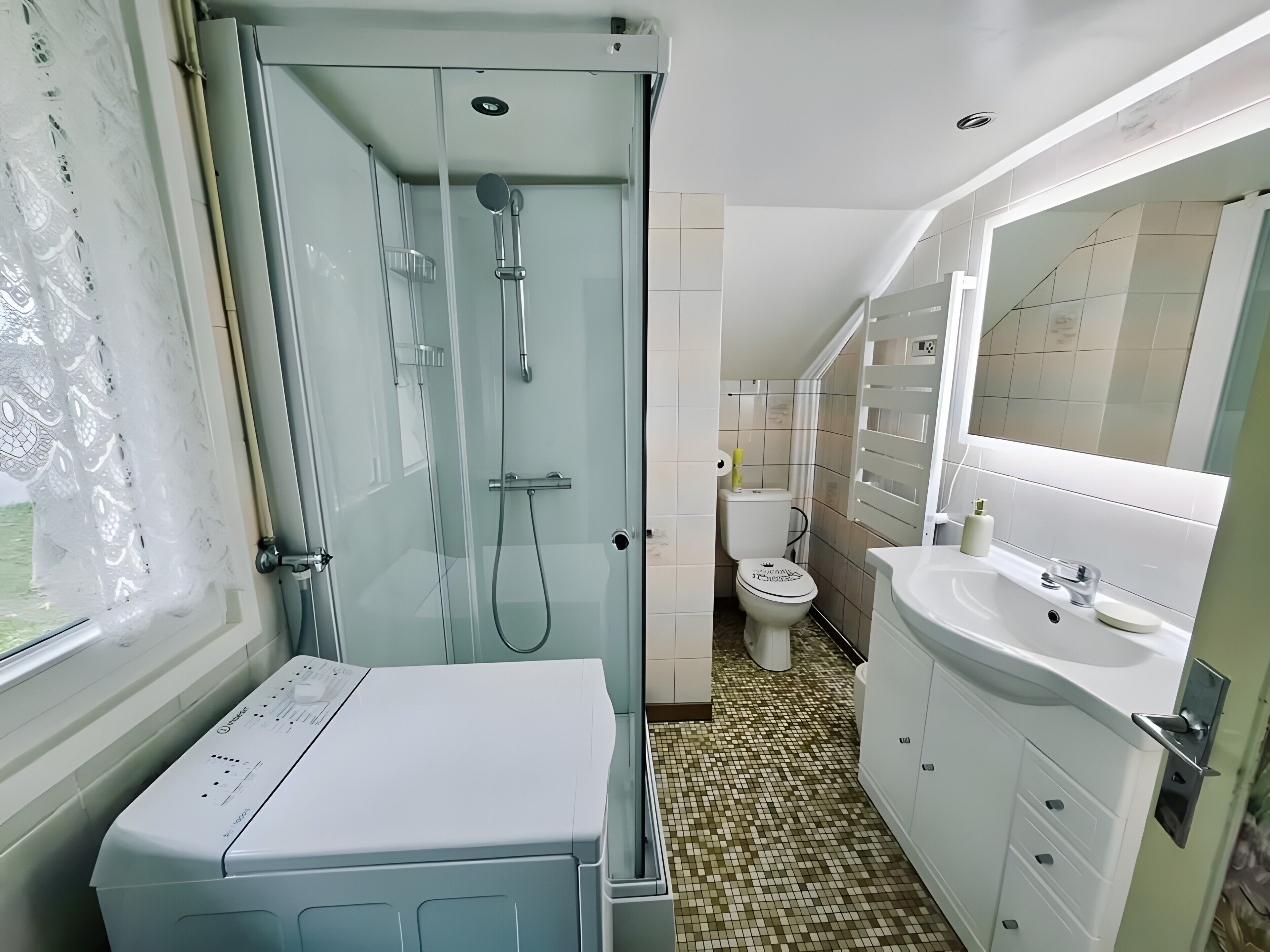 Shower, hair dryer, towels