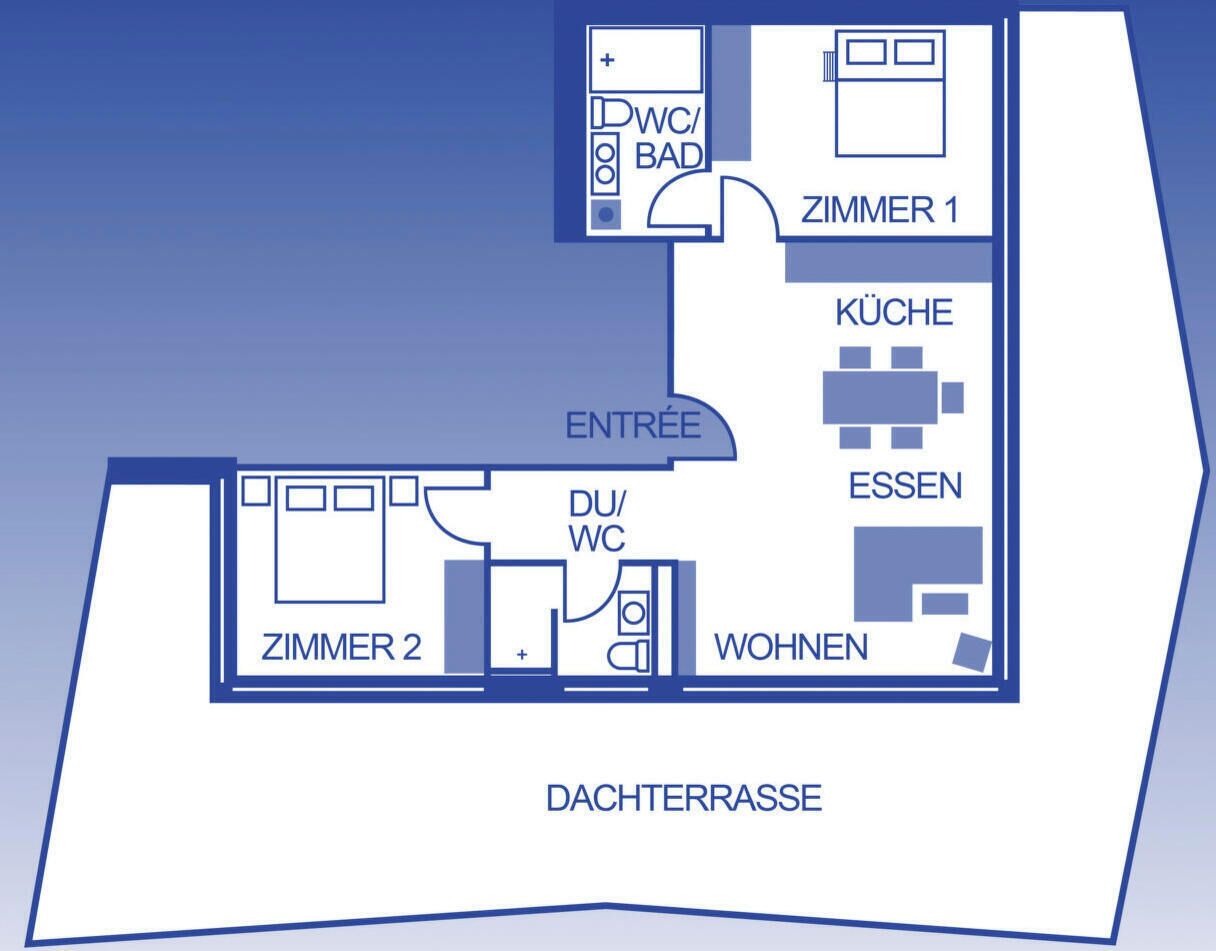 A floor plan with two bedrooms, a kitchen, a bathroom, and a living area.