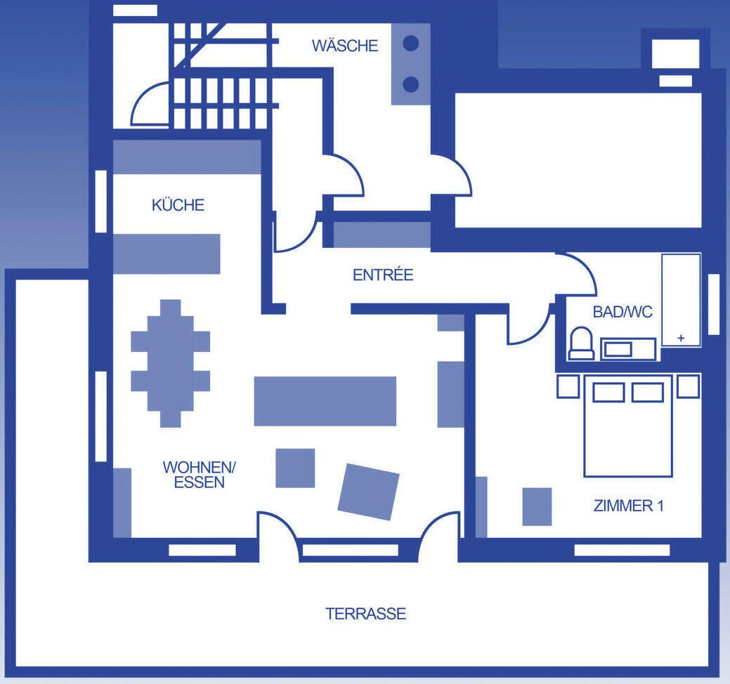A floor plan with a kitchen, living area, entry, bathroom, and terrace.