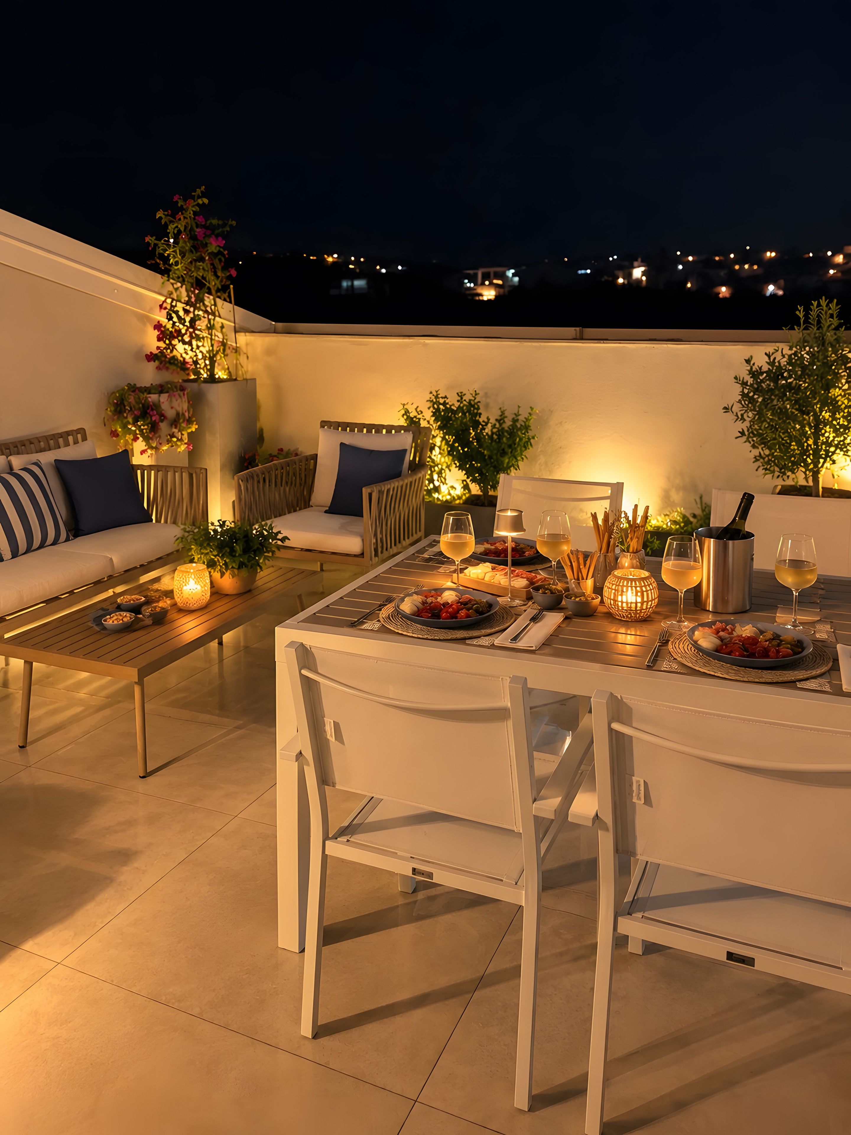 A rooftop terrace with a dining table set for two, surrounded by comfortable seating and ambient lighting.
