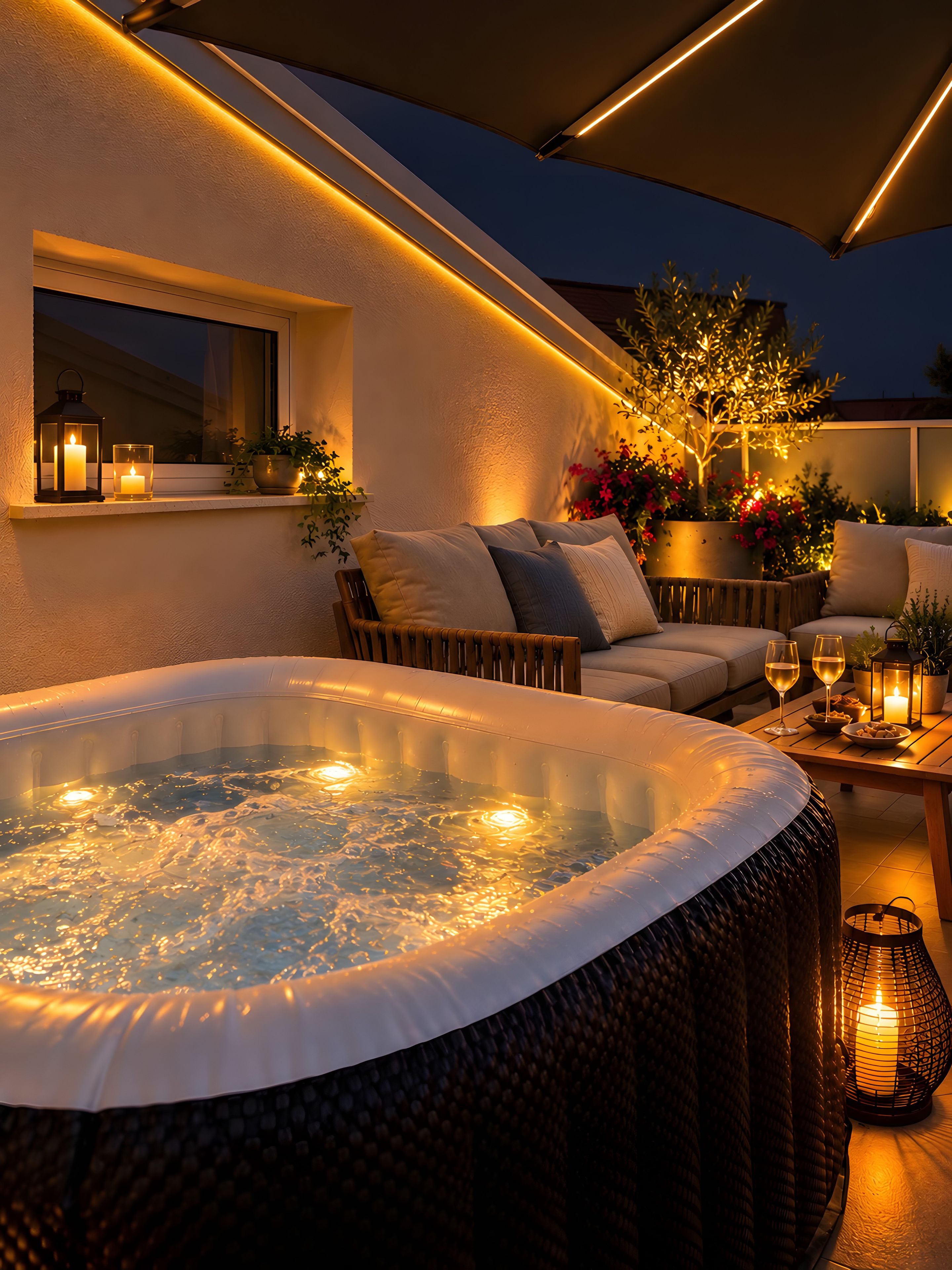 Un bain à remous bordé d’osier, un canapé et une table avec des verres et une bougie.