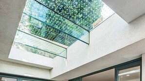 Ein moderner, überdachter Pool mit Glaswänden und Topfpflanzen.