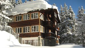 A multi-story wooden lodge with large windows, surrounded by snow-covered trees. - Chalet Suveran 1 Appartement/Fewo, Bad, WC, 6-Bettwohnung Suveran 1 by Interhome (Arosa)