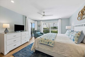 Un dormitorio con cama, televisión, escritorio, silla y balcón.