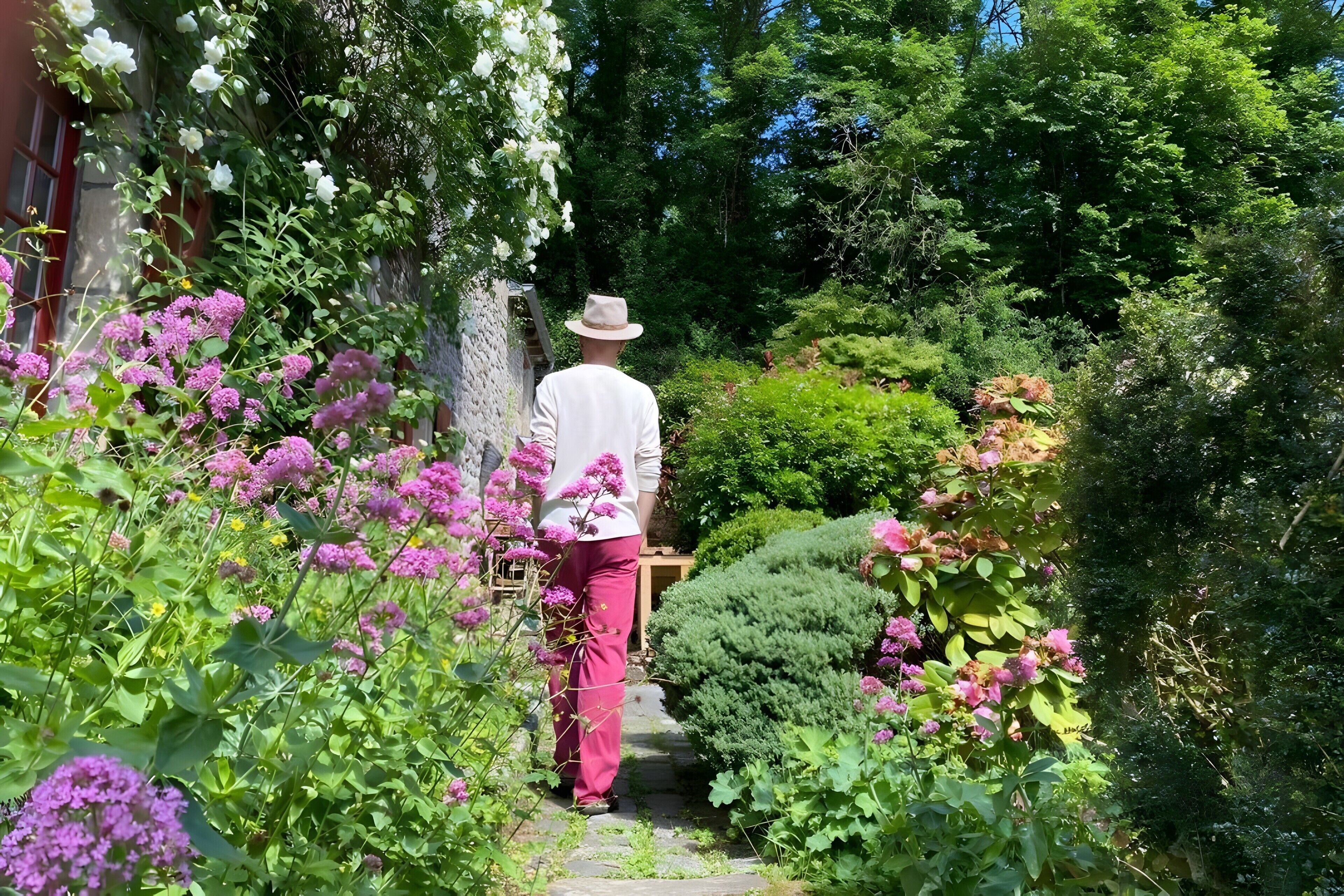 Un uomo cammina lungo un vialetto in pietra in un giardino pieno di piante e fiori.