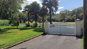 A gated entrance with a paved driveway leading to a property surrounded by greenery and trees.