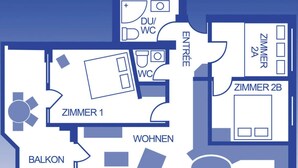 A hotel layout with a balcony, two bedrooms (Zimmer 1 and Zimmer 2A), a kitchen, and a living area.
