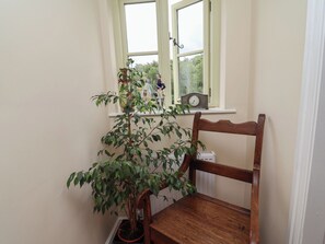 Una habitación con una silla de madera, una planta en maceta, una ventana con un reloj y un radiador.