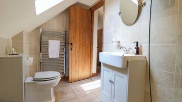 A bathroom with a toilet, a sink, a mirror, and a shower area.