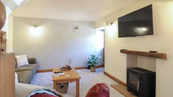 Una sala de estar con un sofá, una mesa de centro, una chimenea, un televisor y una planta en maceta.