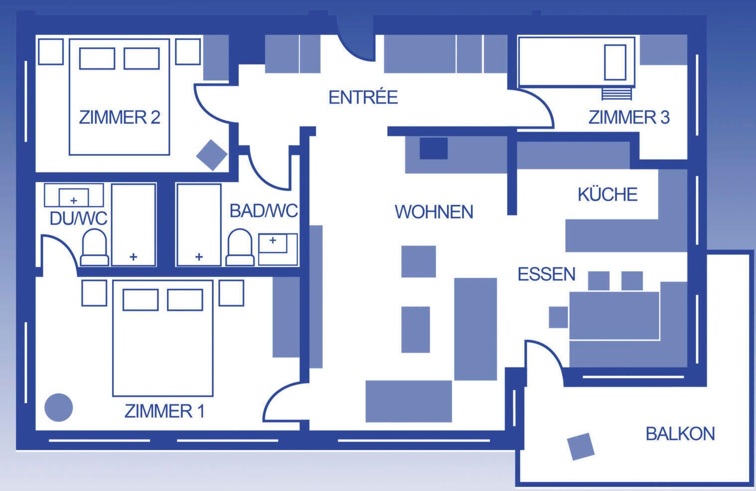 Indeling van een hotel met drie slaapkamers (Zimmer 1, 2, 3), een badkamer (BAD/WC), een keuken (KUCHE), een woonruimte (WOHNEN), een eetruimte (ESSEN) en een balkon.