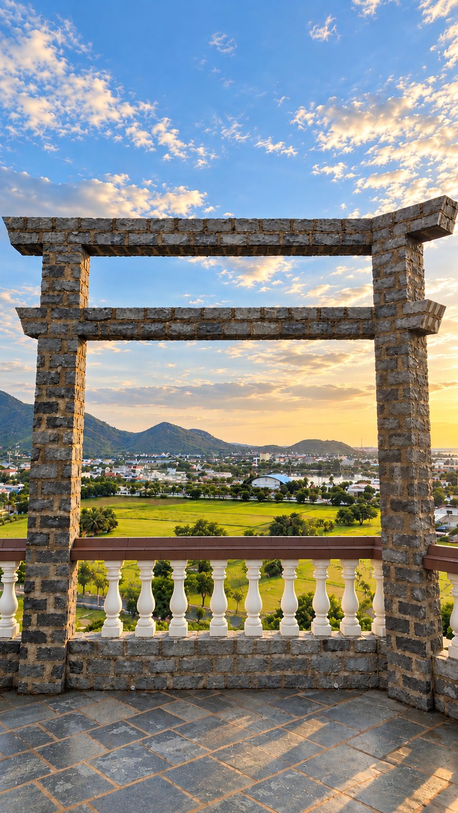 Eine Steinstruktur einer Pergola mit Blick auf eine Stadt und Berge im Hintergrund.