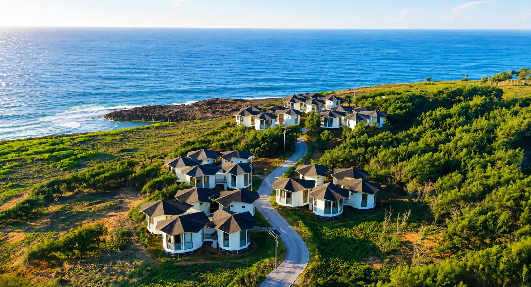 Zona residencial a la costa, amb cases disposades en semicercle al llarg d'un camí corbat, amb vistes a l'oceà.
