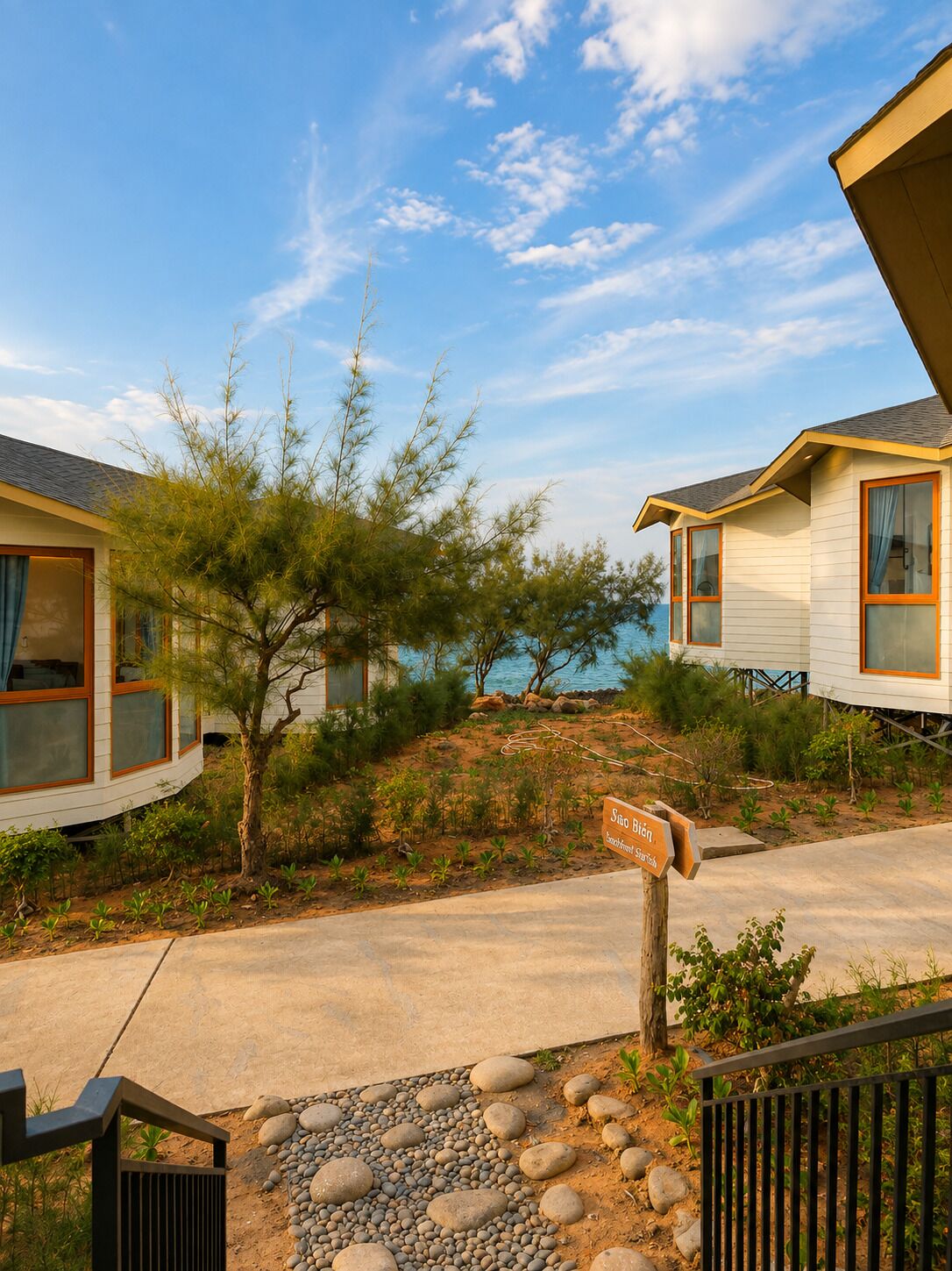 Um imóvel costeiro com duas cabanas, um caminho de pedras e uma placa indicando localização à beira-mar.
