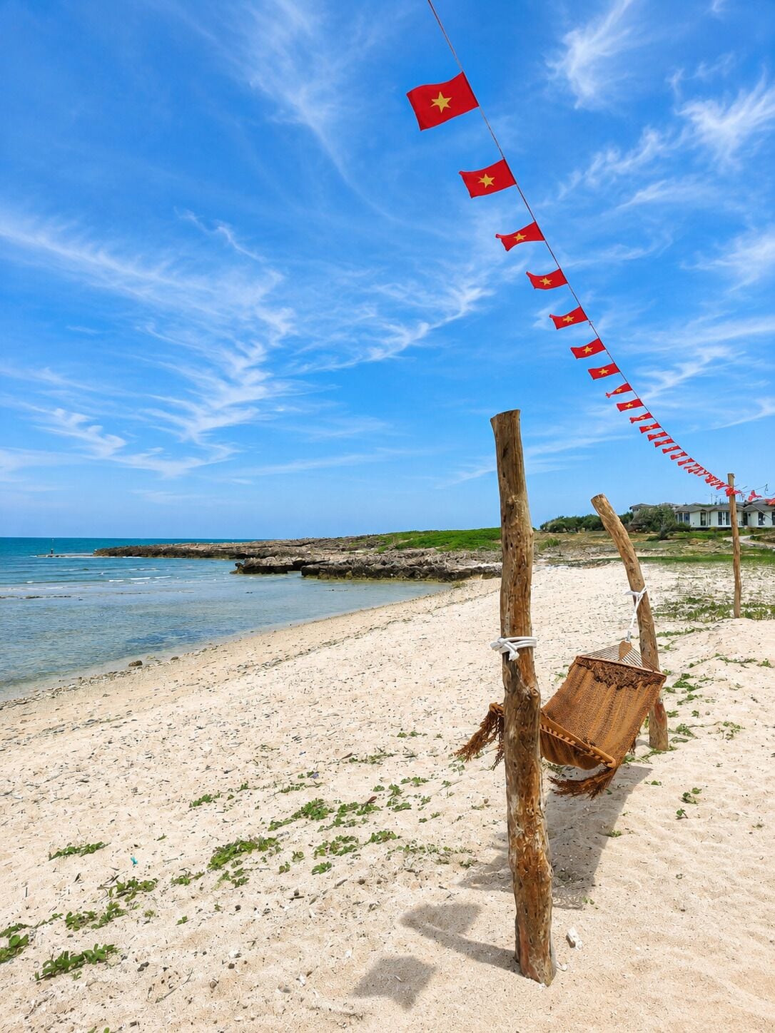 Ein Strand mit einer Hängematte und einer Reihe von Flaggen.