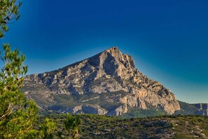 Ein Berg mit markantem Gipfel, umgeben von viel Grün und blauem Himmel.