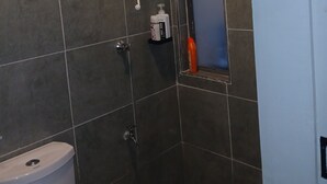 Casa de banho com azulejos escuros, sanita, chuveiro com manguera e uma garrafa de champô.