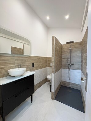 Shower, hair dryer, towels, toilet paper