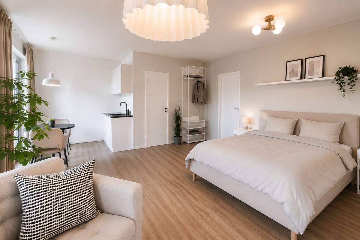 A modern bedroom with a large bed, a desk, and a chair. There is a plant, a shelf with framed pictures, and a hanging light fixture.