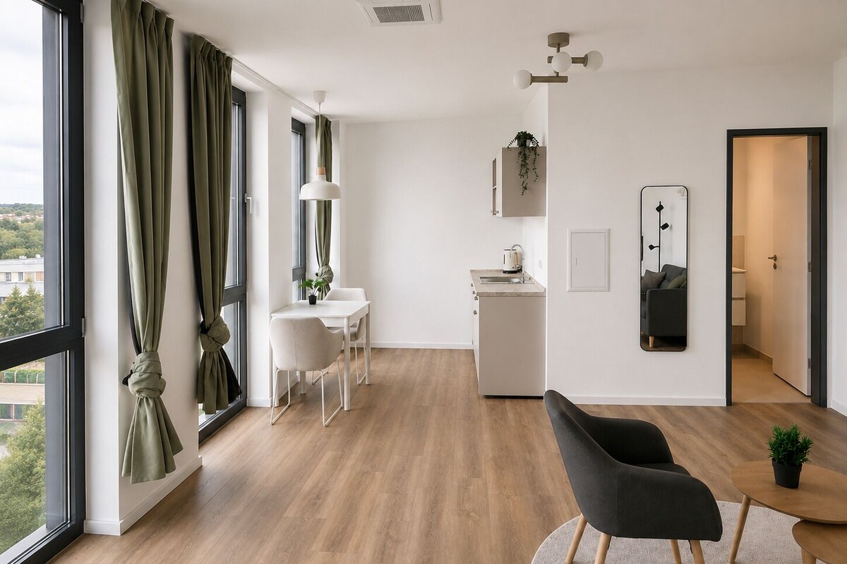 A modern living room with a dining area, a kitchen, and a large window with curtains.