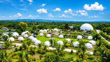 A resort with dome-shaped accommodations, a central lawn, and palm trees.