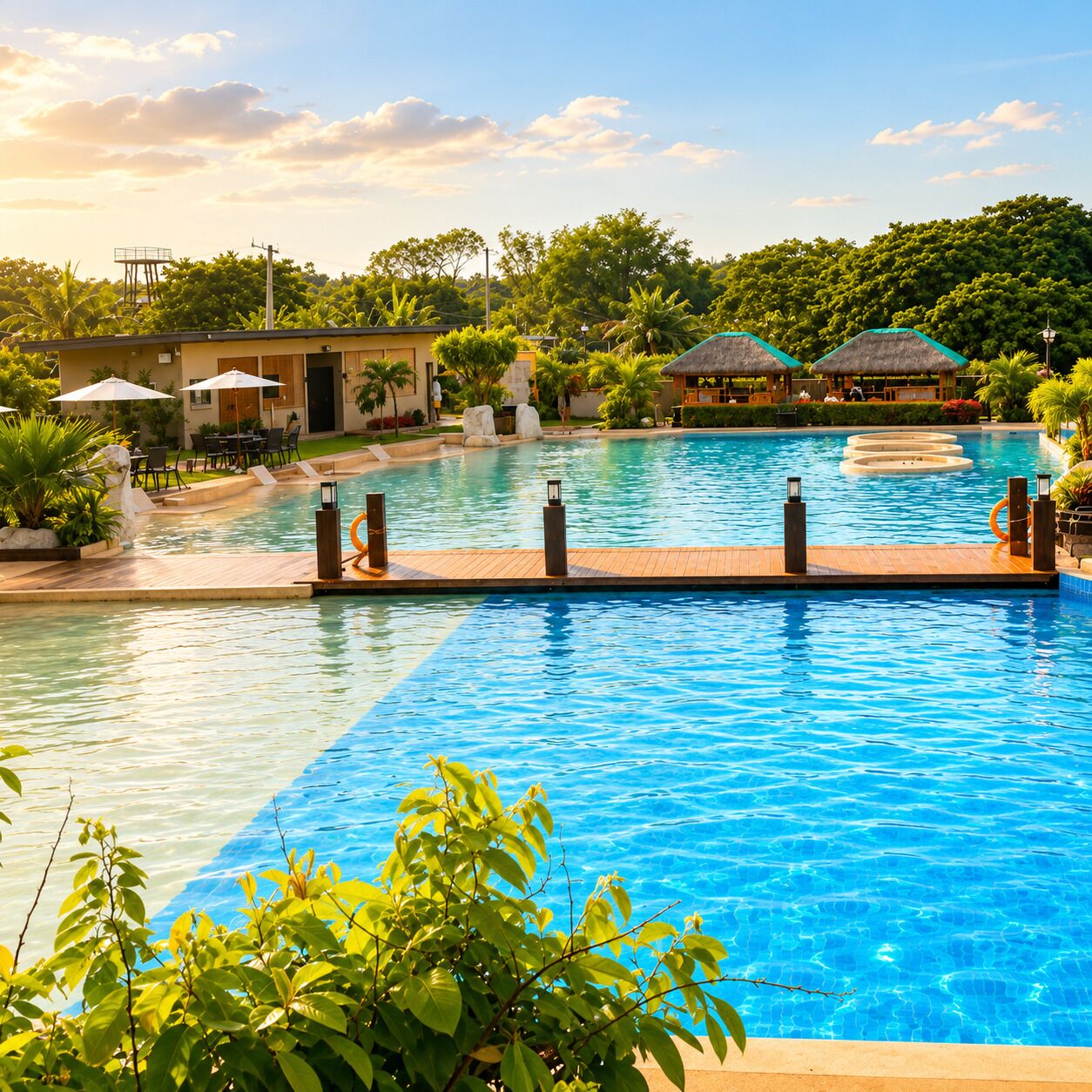 Ein Resort-Pool mit Holzdeck, Liegestühlen und strohgedeckten Pavillons.