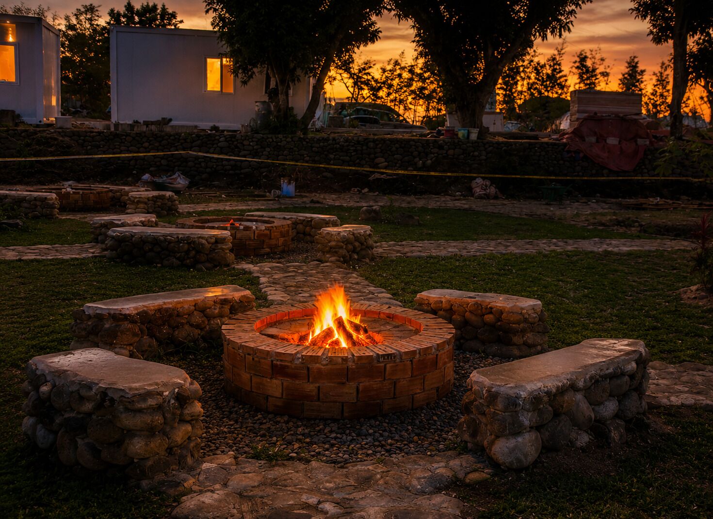 A stone fire pit with seating, surrounded by a stone wall, set in a grassy outdoor area with a sunset in the background.