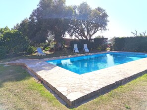 Ein rechteckiger Pool mit Steinrand, umgeben von Gras und Bäumen.