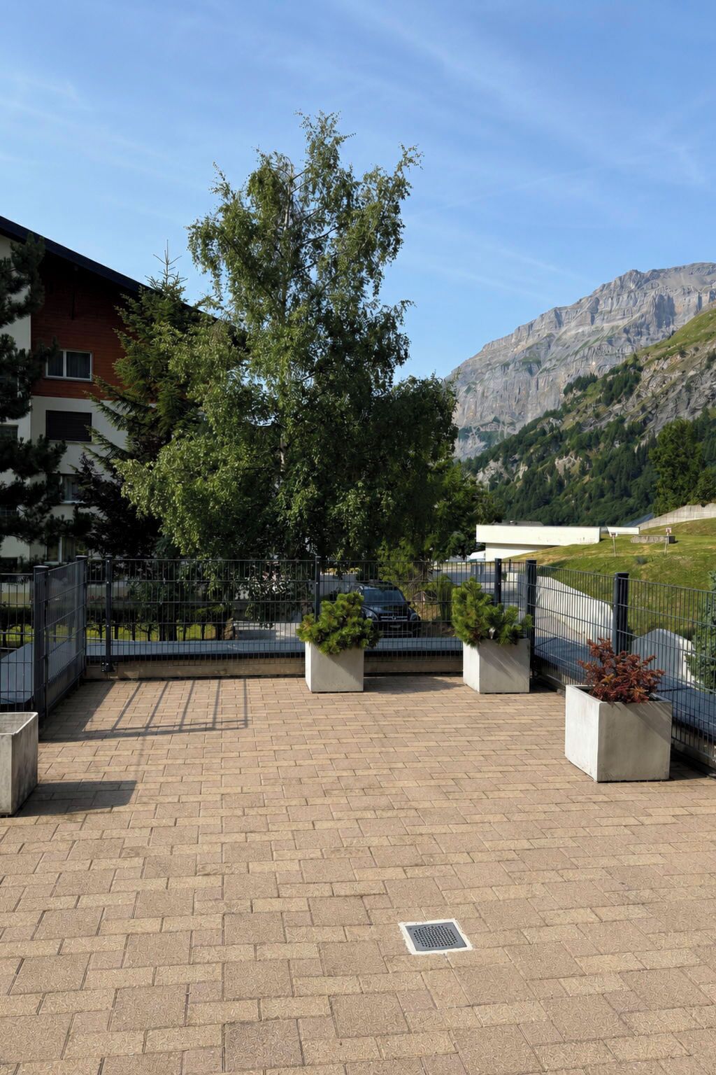 A paved outdoor area with a metal fence, potted plants, and a view of a mountain.