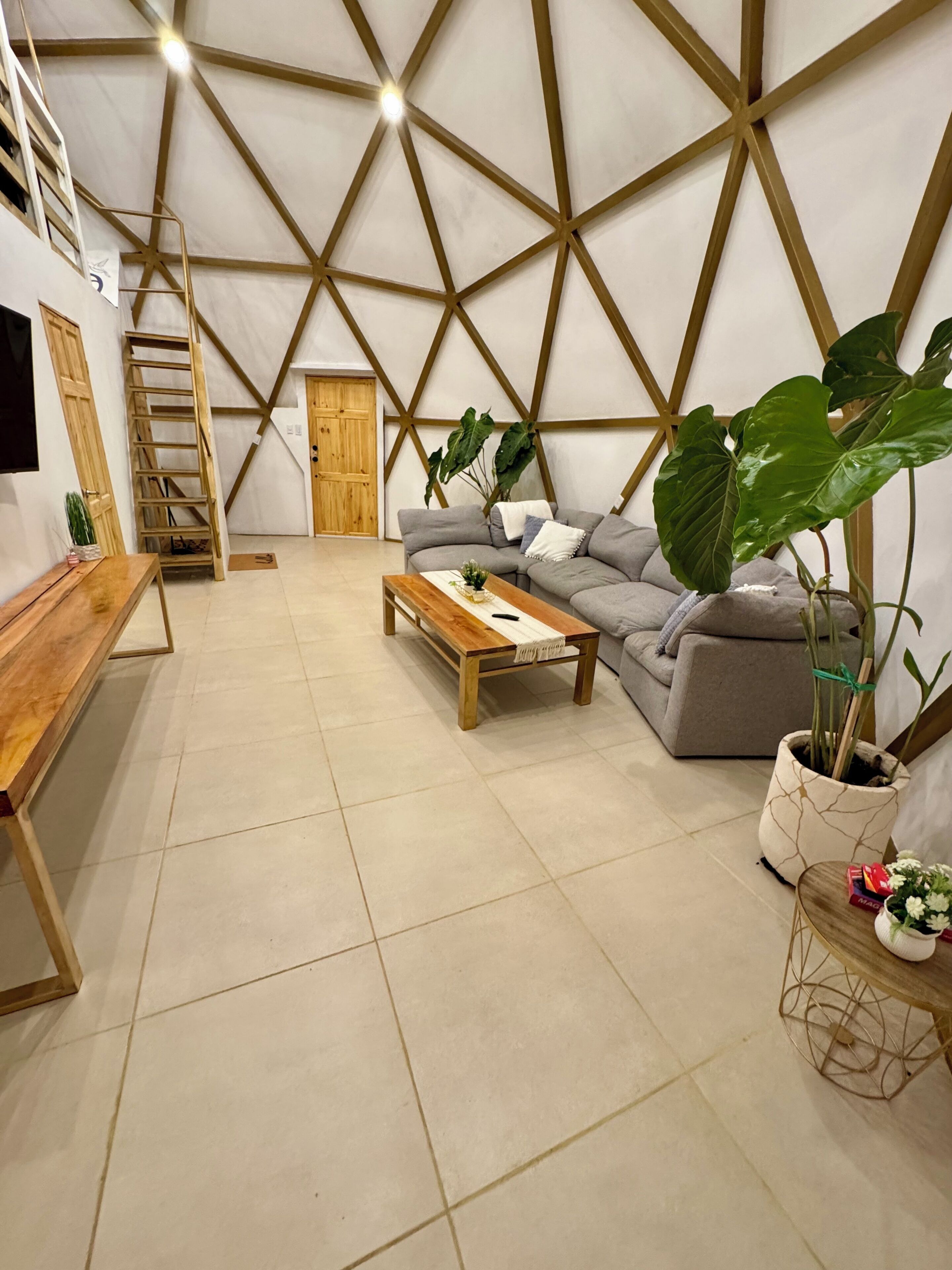 Een modern interieur met een geometrisch plafondontwerp, een bank, een houten bijzettafeltje en een plant in pot.