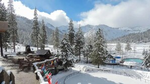 Un paysage enneigé avec une cabane en bois, une piscine et des drapeaux.
