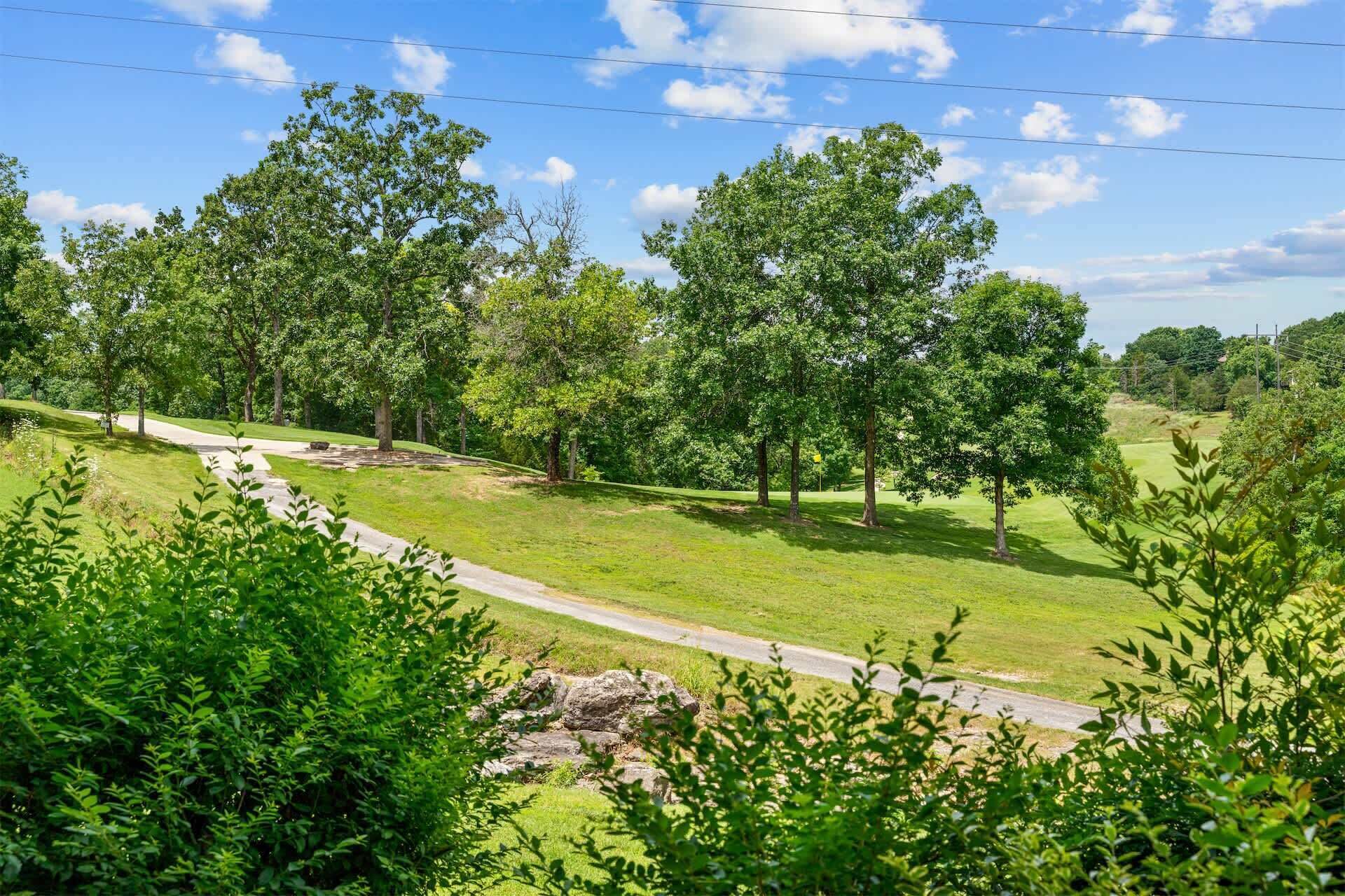 A rural landscape with a paved path, trees, and a grassy area.