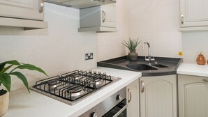 A kitchen with a gas stove, a sink, cabinets, and a ceiling fan. - Fox Red Retreat (Windermere)