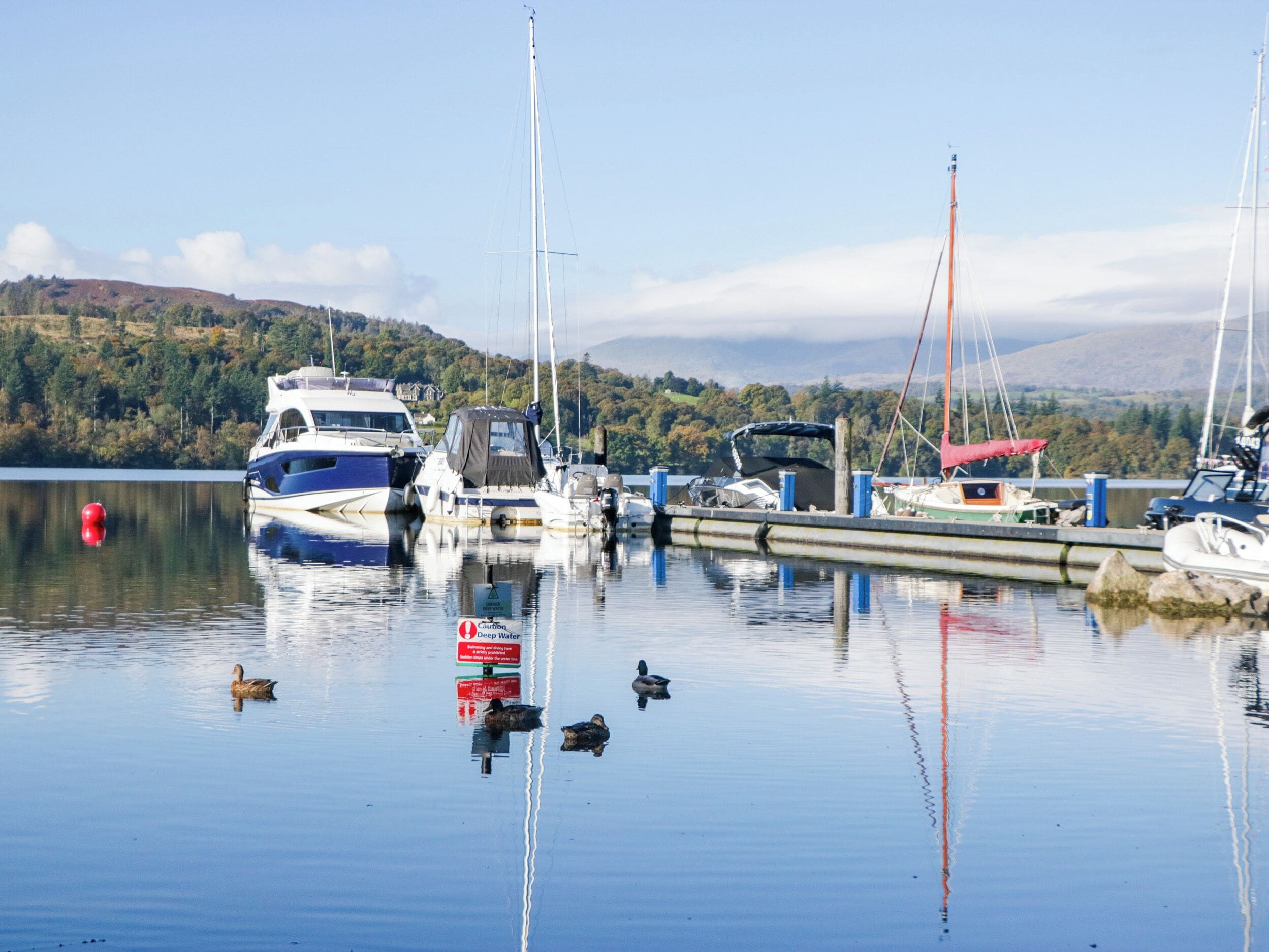 A marina with boats docked, calm water, and a hilly landscape in the background.
